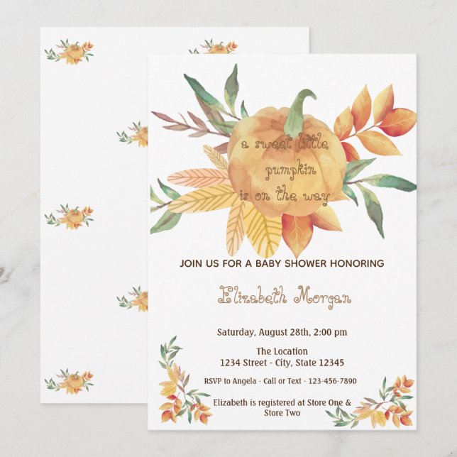 Invitation Petite citrouille, Baby shower d'automne (Devant / Derrière)