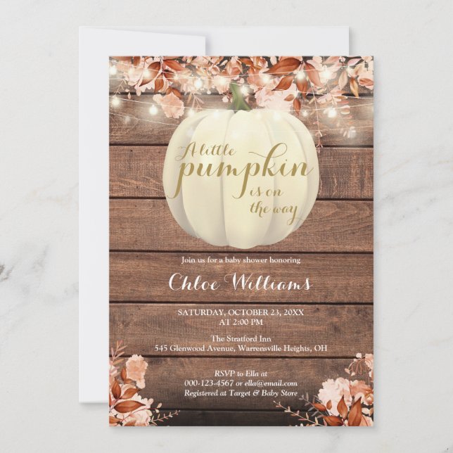 Invitation Petite Citrouille Baby Shower Rustique d'Automne (Devant)