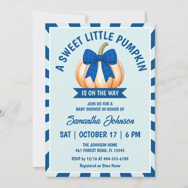 Invitation Petite Citrouille  Baby ShowerRuban Gingham Bleu  (Devant)