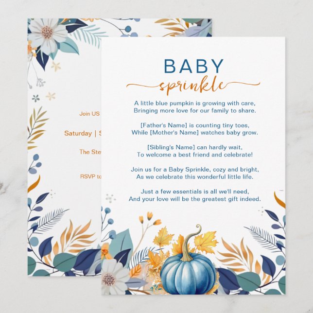 Invitation Petite citrouille bleue pour baby sprinkle (Devant / Derrière)