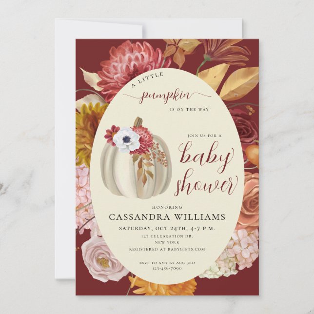 Invitation Petite citrouille bordeaux florale bébé shower aut (Devant)