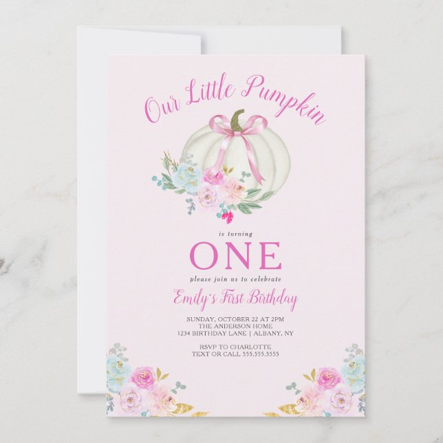 Invitation Petite Citrouille Bow Girls Premier anniversaire (Devant)