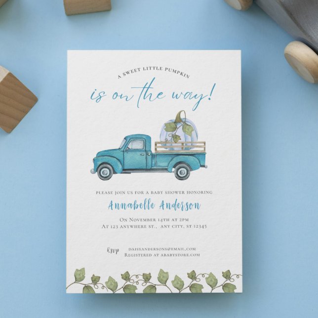 Invitation Petite Citrouille Couleur bleue Baby shower garçon (Little Pumpkin Blue watercolor Boy Baby Shower Invitation)