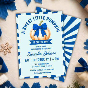 Invitation Petite Citrouille Fête de Bébé Bleu Gingham Nœud