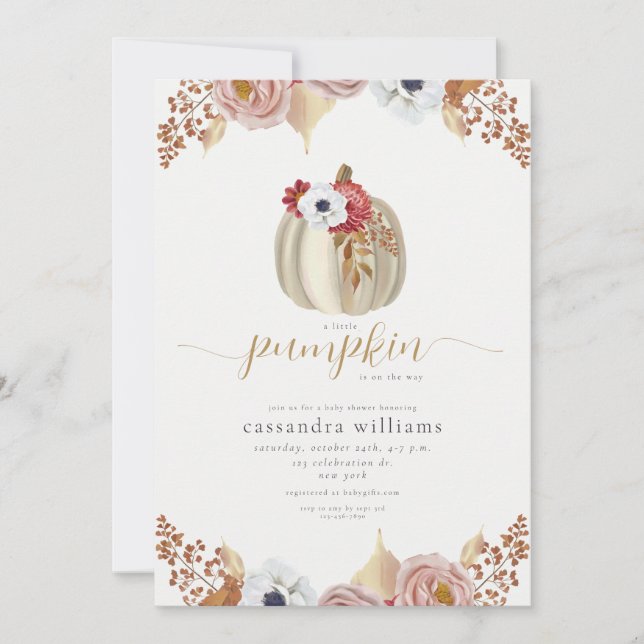 Invitation Petite Citrouille Fête de Bébé Florale Automnale A (Devant)