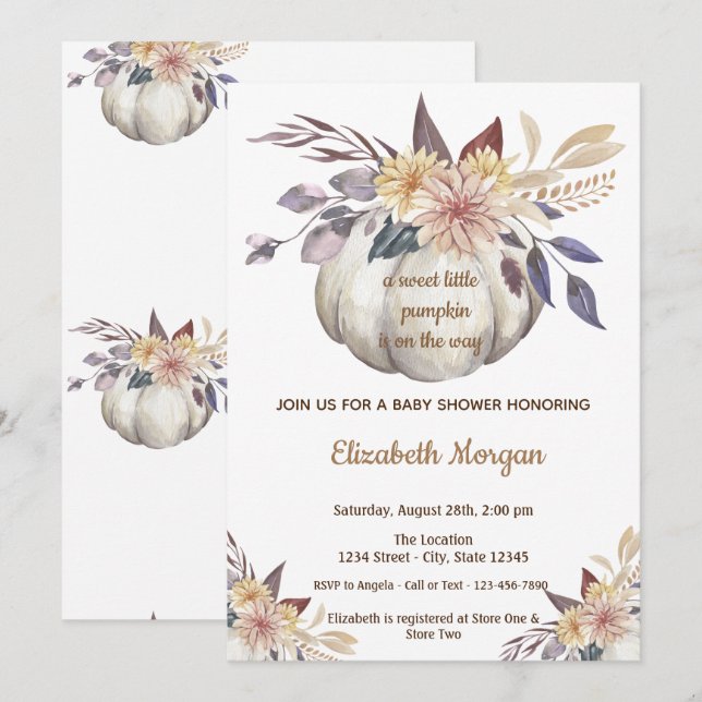 Invitation Petite citrouille, Fleurs Baby Shower (Devant / Derrière)