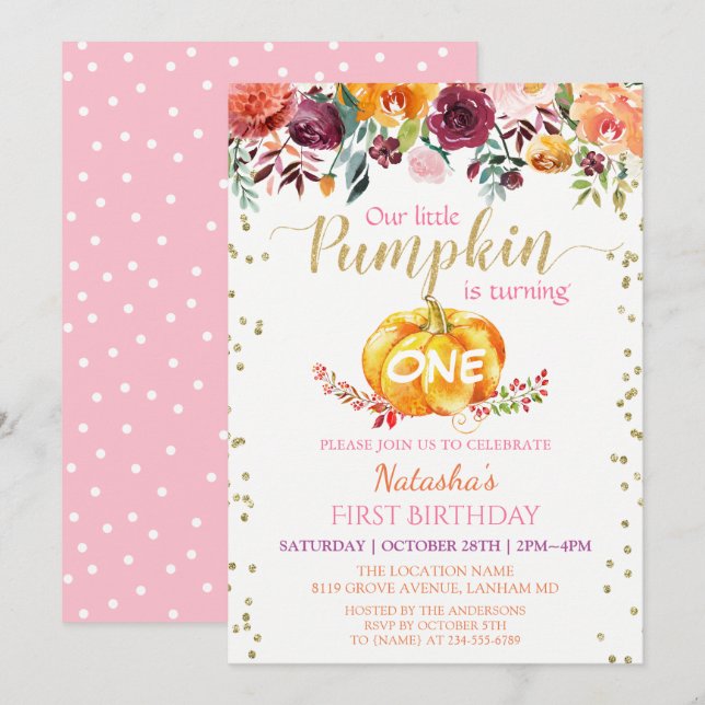 Invitation Petite Citrouille Floral Girl Baby 1er anniversair (Devant / Derrière)