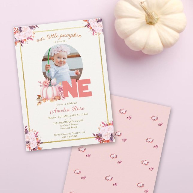 Invitation Petite Citrouille Pink Gold Fall quitte 1er annive (our little pumpkin is turning one girl birthday party photo invitation elegant floral gold frame )