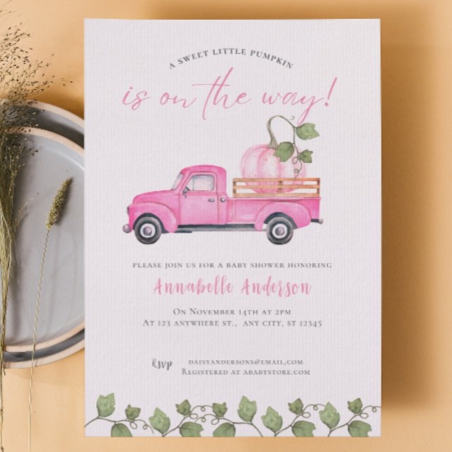 Invitation Petite Citrouille rose aquarelle Baby shower fille (Little Pumpkin  Pink watercolor Baby Shower Invitation)