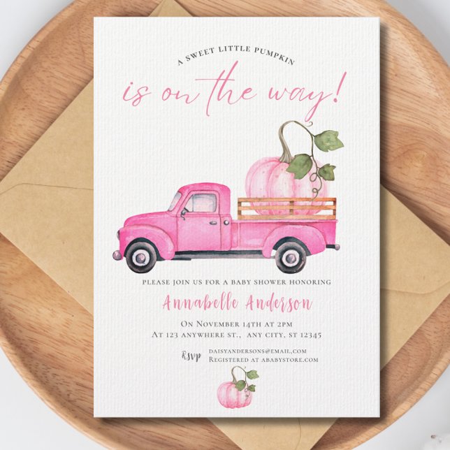 Invitation Petite Citrouille rose aquarelle Baby shower fille (Little Pumpkin Pink watercolor Girl Baby Shower Invitation)