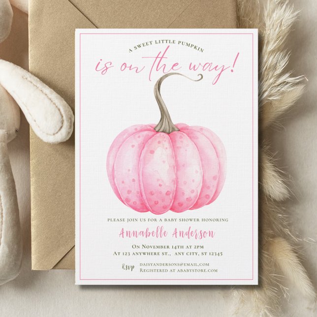 Invitation Petite Citrouille rose aquarelle Baby shower fille (Little Pumpkin Pink watercolor Girl Baby Shower Invitation)