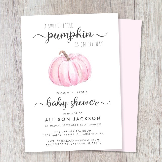 Invitation Petite Citrouille rose Aquarelle Bébé Fille Douche (Celebrate the upcoming arrival of your sweet little autumn baby with a pumpkin-themed baby shower)