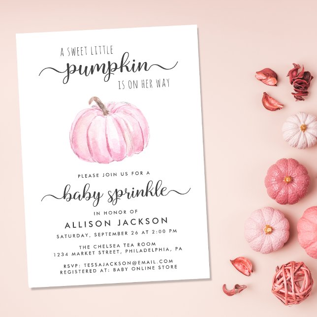 Invitation Petite Citrouille rose Aquarelle Bébé fille saupou (Celebrate the upcoming arrival of your sweet little autumn baby with a pumpkin-themed baby sprinkle)