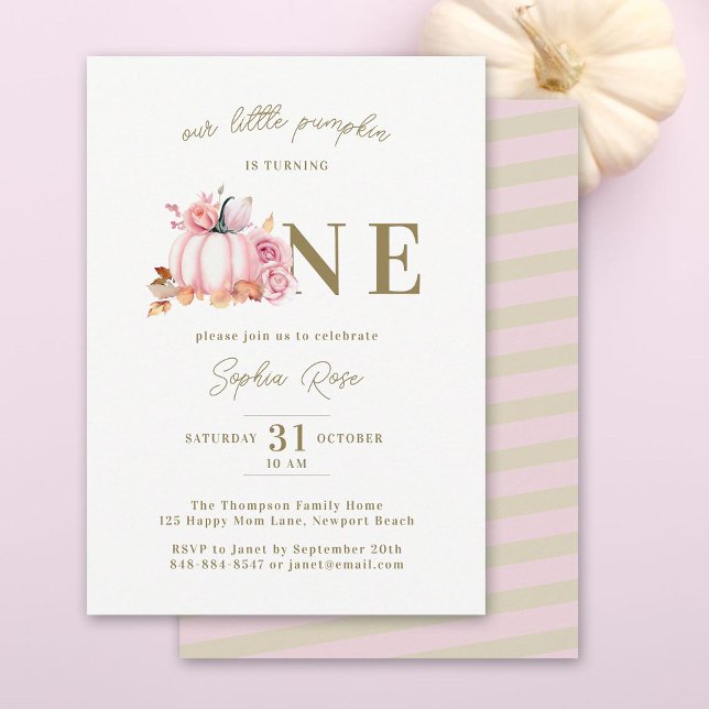 Invitation Petite Citrouille rose aquarelle Roses 1er anniver (our little pumpkin is turning one girl birthday invitation elegant calligraphy watercolor roses)