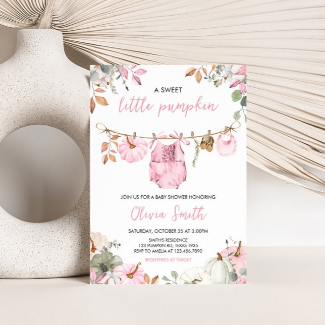 Invitation Petite Citrouille Rose Bébé Fête d'Automne  (Pink Little Pumpkin Fall Clothesline Baby Shower Invitation)