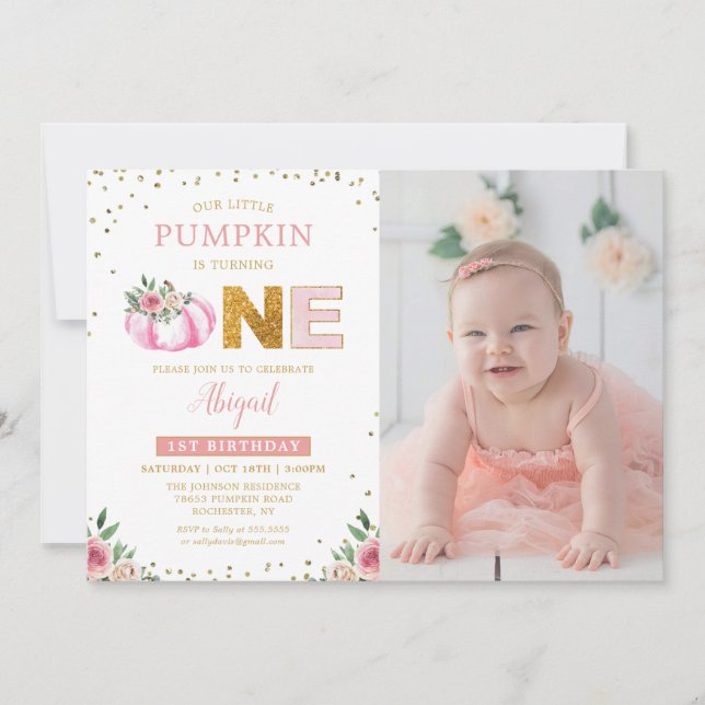 Invitation Petite Citrouille rose or florale 1er anniversaire (Devant)