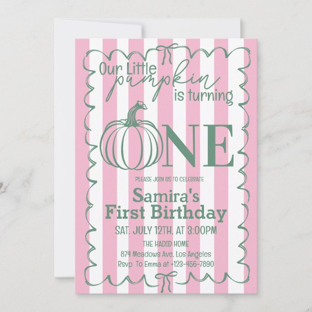 Invitation Petite Citrouille Rose Vert Automne 1er Anniversai (Devant)