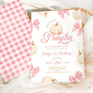 Invitation Petite Citrouille Rubans Gingham Rose 1er Annivers