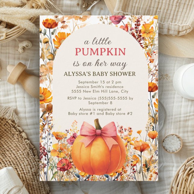 Invitation Petite Citrouille sur Son Chemin Arche Automne Bab ("Little Pumpkin" watercolor floral baby girl baby shower invitation)