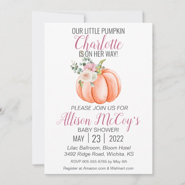 Invitation Petite Citrouille sur son chemin Baby shower flora (Devant)