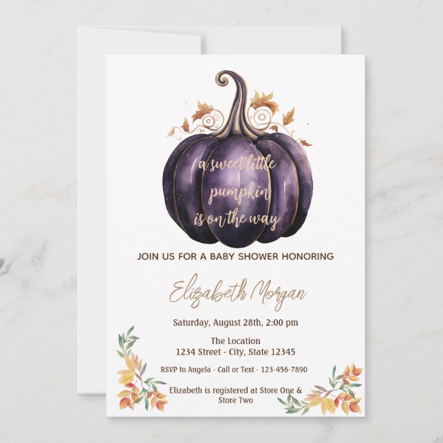 Invitation Petite Citrouille Violette, Fête de Bébé aux Feuil (Devant)