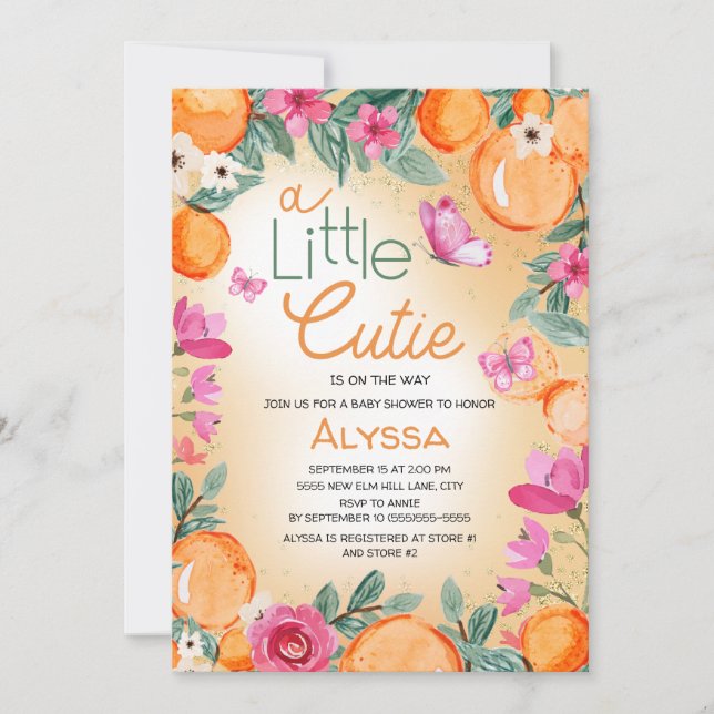 Invitation Petite Coquette Orange Fleurs Papillons (Devant)