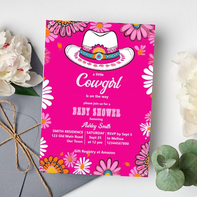 Invitation Petite cowgirl rose pâtisserie baby shower (Little cowgirl groovy retro baby shower template invitation boho daisies cowgirl hat western themed)