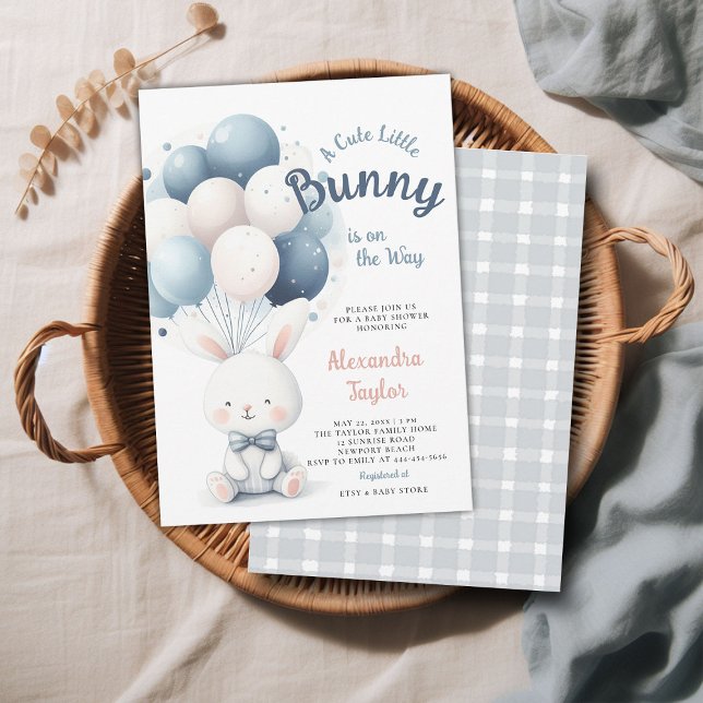 Invitation Petite Cravate de Bunny Bow Ballons Marine Baby Bo (a little bunny baby boy shower invitation springtime easter garden picnic navy blue balloons sweet)