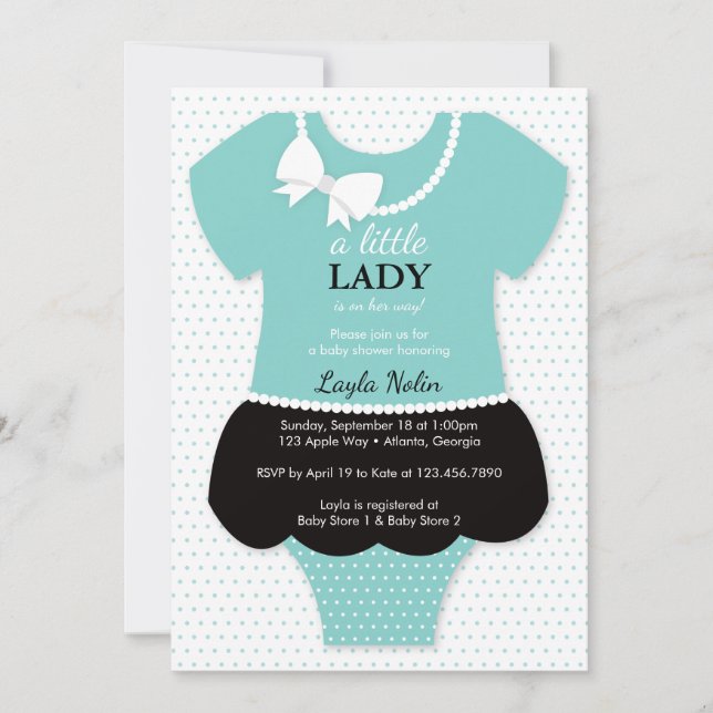 Invitation Petite Dame Baby shower Invitation, Bleu, Perles (Devant)
