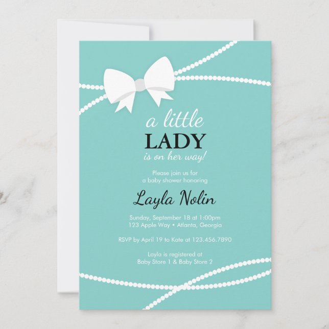 Invitation Petite Dame Baby shower Invitation, Bleu, Perles (Devant)