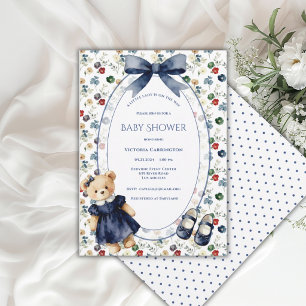 Invitation Petite Dame Bleue et Blanche Ours Floral Fille Vin