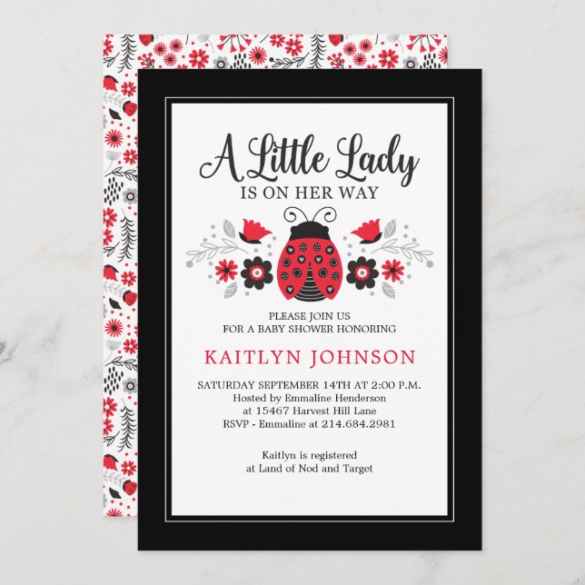 Invitation Petite Dame Ladybug Baby shower Floral Girl (Devant / Derrière)