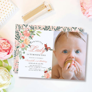 Invitation Petite dame Ladybug Rose Photo Girl 1er anniversai