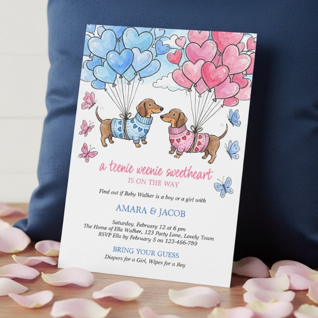 Invitation Petite Douce Chienne Teckel Révélation du Sexe (Invitation - Teenie Weenie Sweetheart Dachshund Gender Reveal collection by Darling & May)