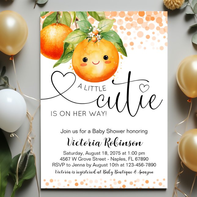 Invitation Petite Douce Orange Citron Fête de Naissance Bébé (Sweet little cutie baby shower invitation with adorable face. Easily customize for your event.)