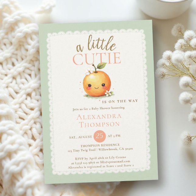 Invitation Petite Douceur Aquarelle Orange Fête de Naissance  (little cutie orange theme baby shower invitation citrus watercolor floral scallops frame modern cute)