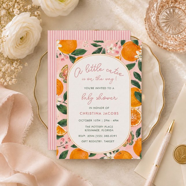 Invitation Petite Douceur Fleur de Tangerine Baby Shower  (Little Cutie Tangerine Floral Baby Shower Invitation)