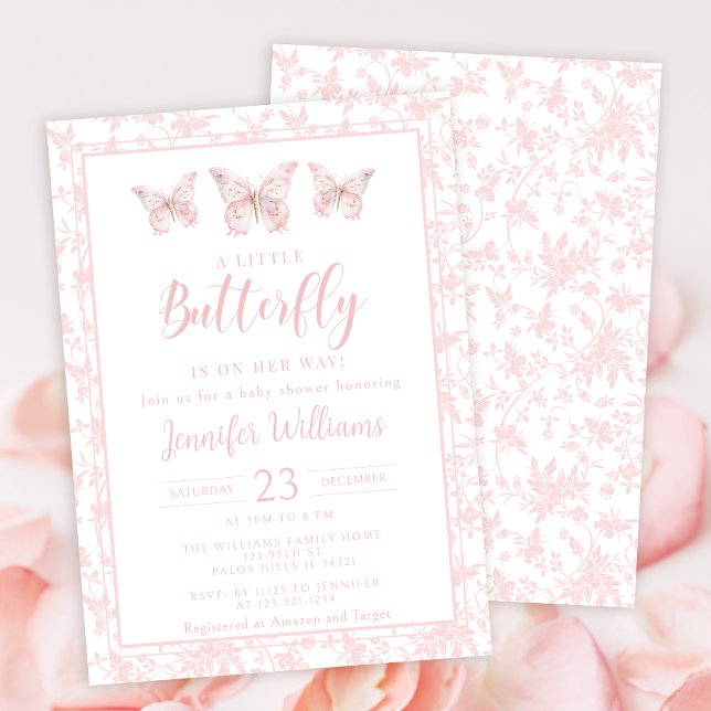 Invitation Petite douche de bébé fille florale papillon rose (Créateur téléchargé)
