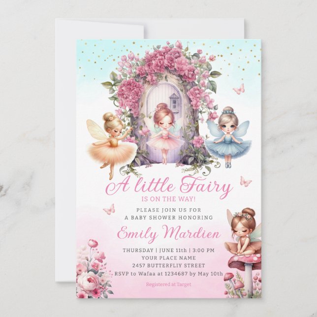 Invitation Petite Fée fille Baby shower Boho Pink Flower (Devant)