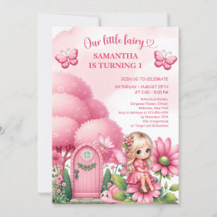 Invitation Petite fée rose assise sur des fleurs