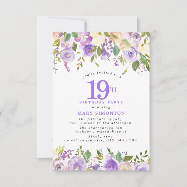 Invitation PETITE Fête d'anniversaire 19 ans Fleurs de rose v (Devant)