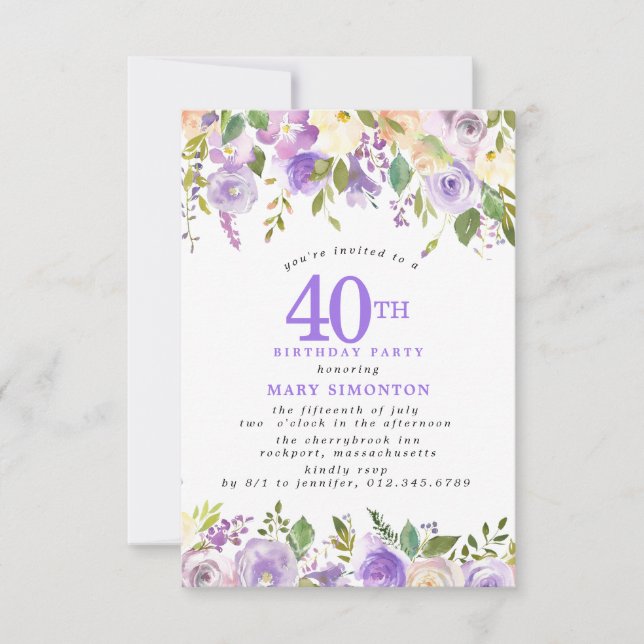Invitation PETITE Fête d'anniversaire 40 ans Fleurs de rose v (Devant)