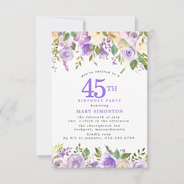 Invitation PETITE Fête d'anniversaire 45 ans Fleurs de rose v (Devant)
