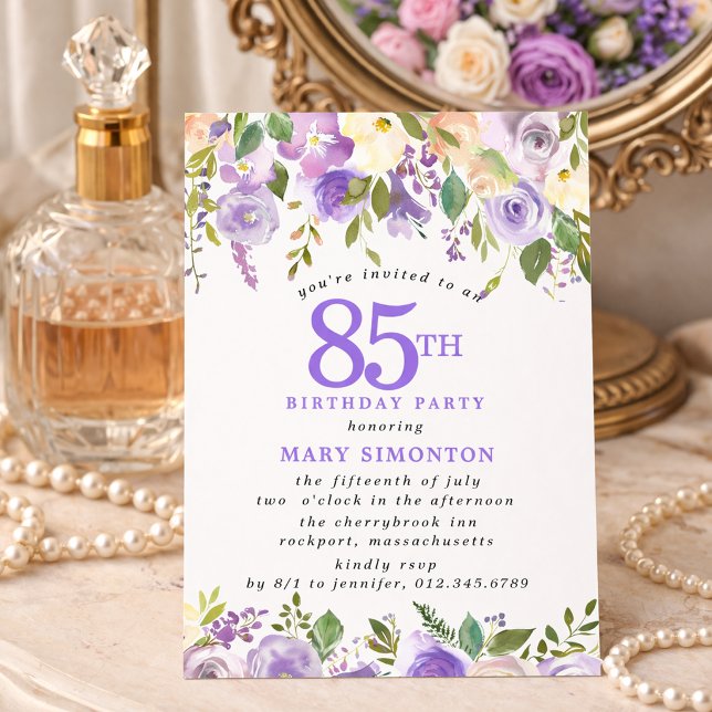 Invitation PETITE Fête d'anniversaire 85 ans Fleurs de rose v (Créateur téléchargé)