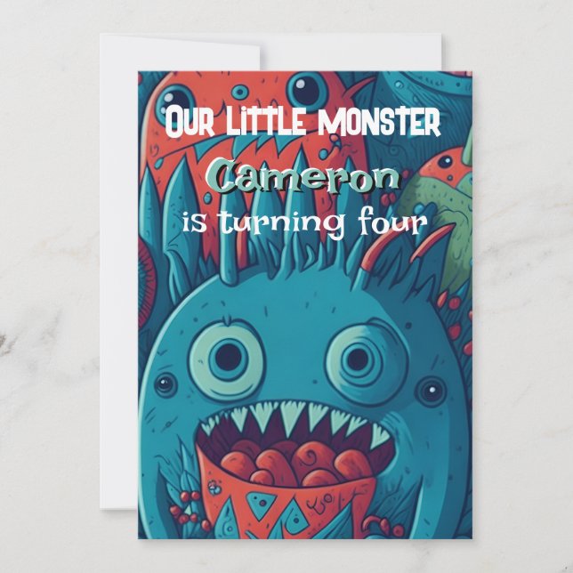 Invitation Petite fête d'anniversaire de monstre bleu rouge (Devant)