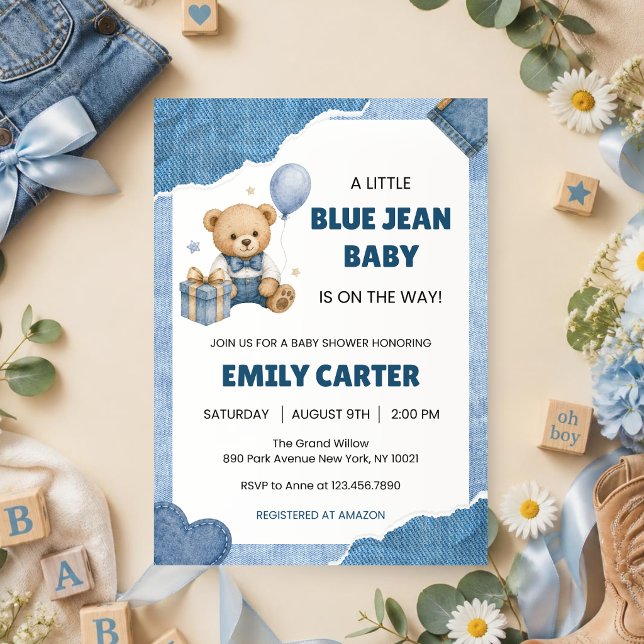 Invitation Petite Fête de Bébé en Jean Bleu | Nid d'Ours en D (Créateur téléchargé)