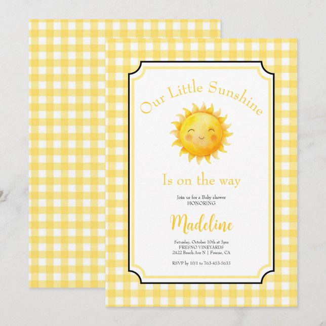 Invitation Petite Fête de Bébé Little Sunshine Jaune Soleil (Devant / Derrière)
