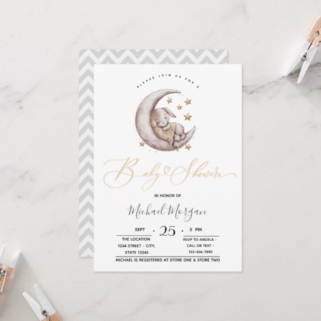 Invitation Petite Fête de Naissance de Lapin sous les Étoiles (Devant/Arrière en situation)
