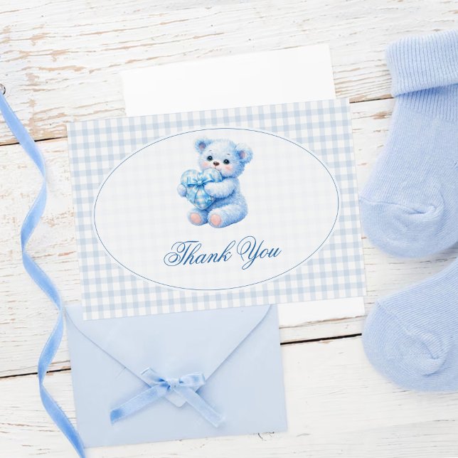 Invitation Petite Fête de Naissance Ourson en Vichy Bleu (Créateur téléchargé)