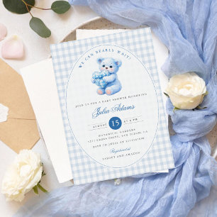 Invitation Petite Fête de Naissance Ourson en Vichy Bleu